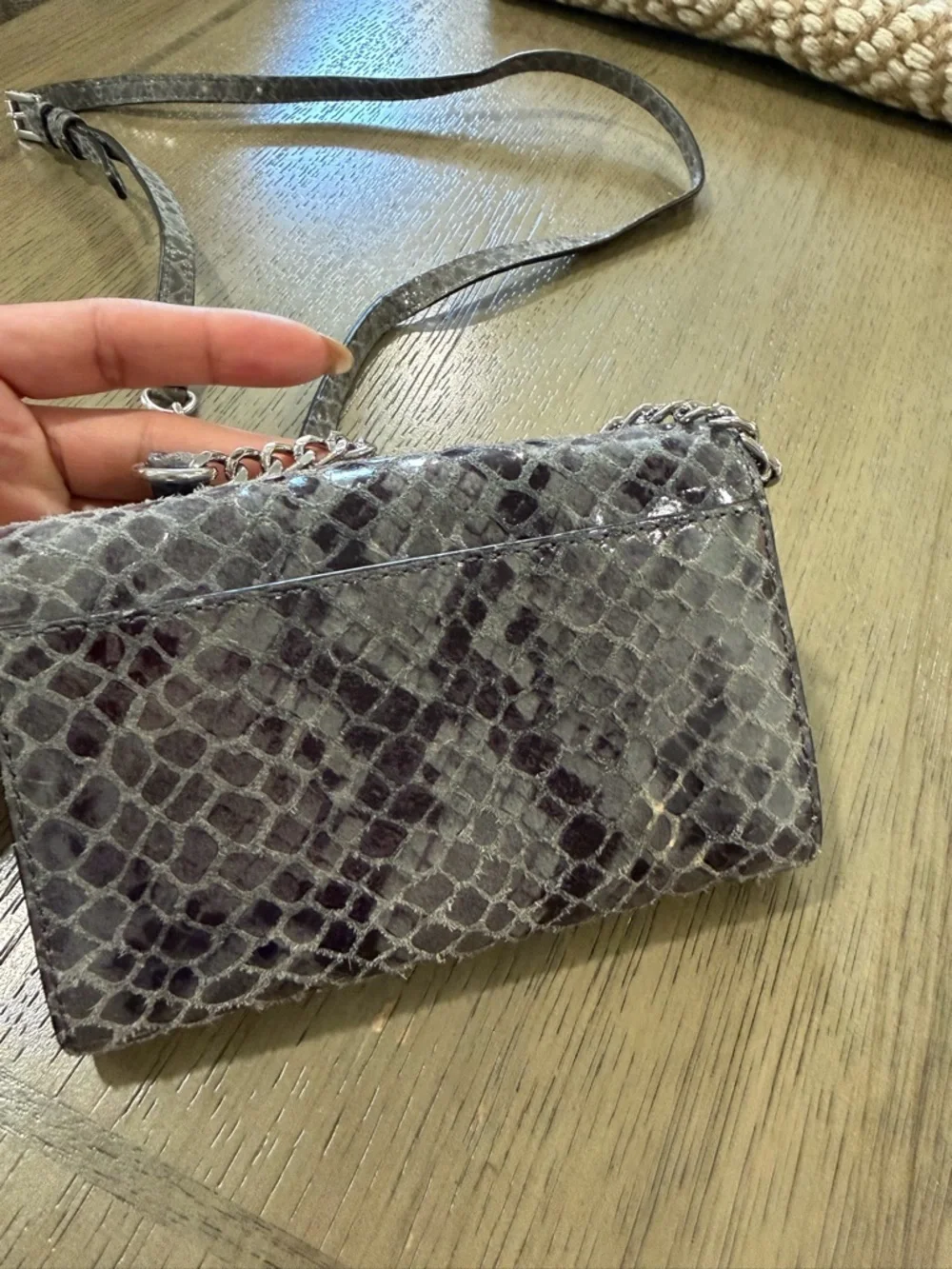 Michael Kors Snake-Embossed Crossbody in Taupe and Silver